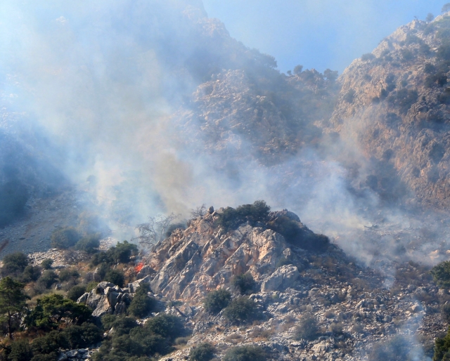  Antalya'da sarp arazide çıkan yangında hortum taşıma seferberliği 
