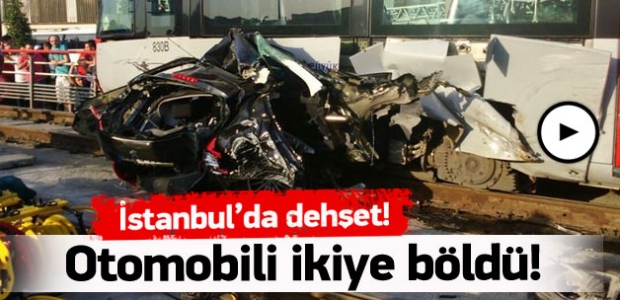 Tramvay otomobili ikiye böldü!