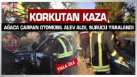 Korkutan kaza  Ağaca &ccedil;arpan otomobil alev aldı, s&uuml;r&uuml;c&uuml; yaralandı